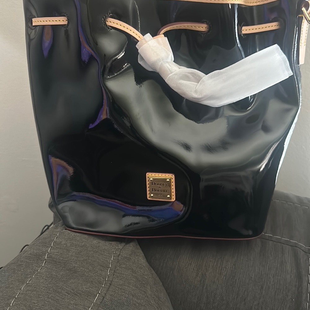 Dooney and Burke 100% Black Patent Leather Drawstring Bag